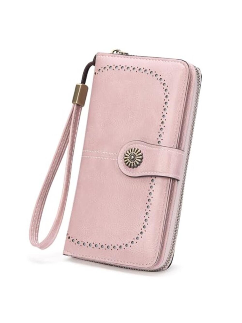 Pink Leather Wristlet Wallet Women RFID Blocking Bifold Card Holder Clutch Purse